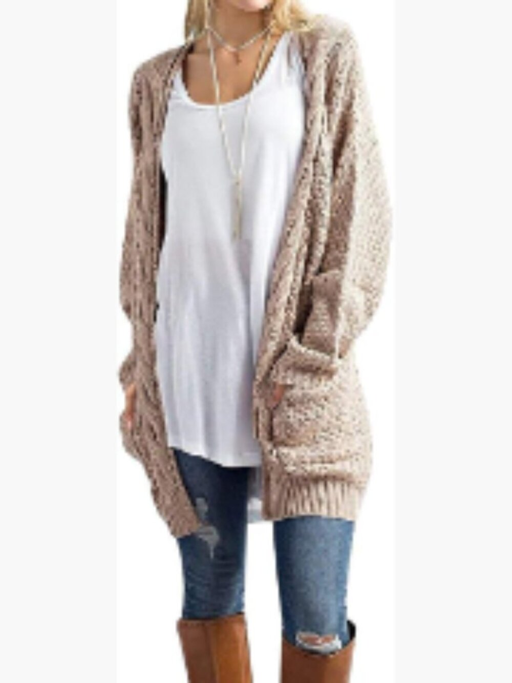 Loose Open Front Long Sleeve Chunky Knit Cable Cardigan Sweater with Pockets